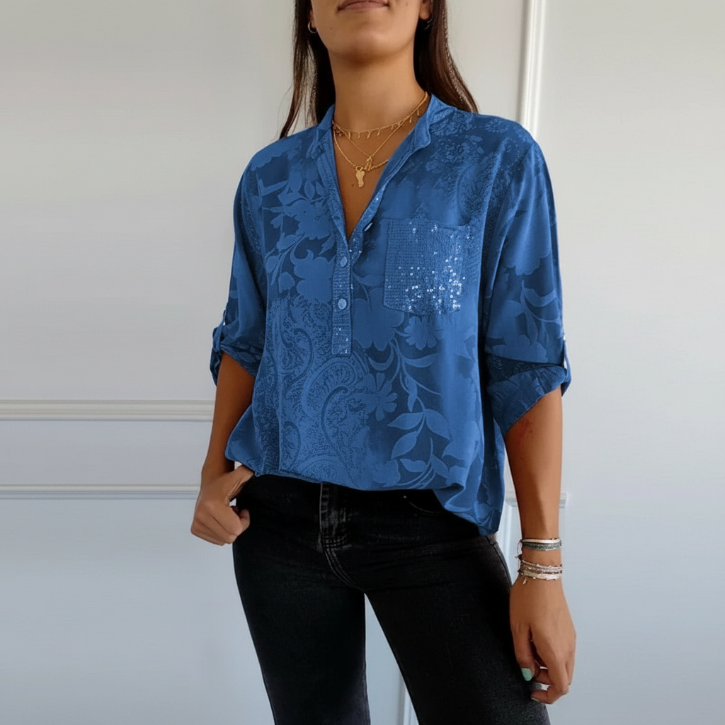 Nalia - Patchwork-Top mit Pailletten und Blattdruck