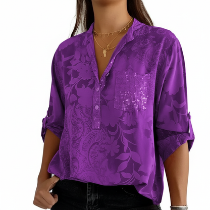 Nalia - Patchwork-Top mit Pailletten und Blattdruck