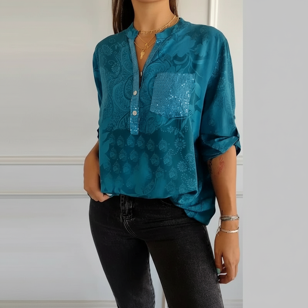 Nalia - Patchwork-Top mit Pailletten und Blattdruck