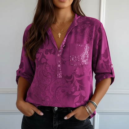 Nalia - Patchwork-Top mit Pailletten und Blattdruck