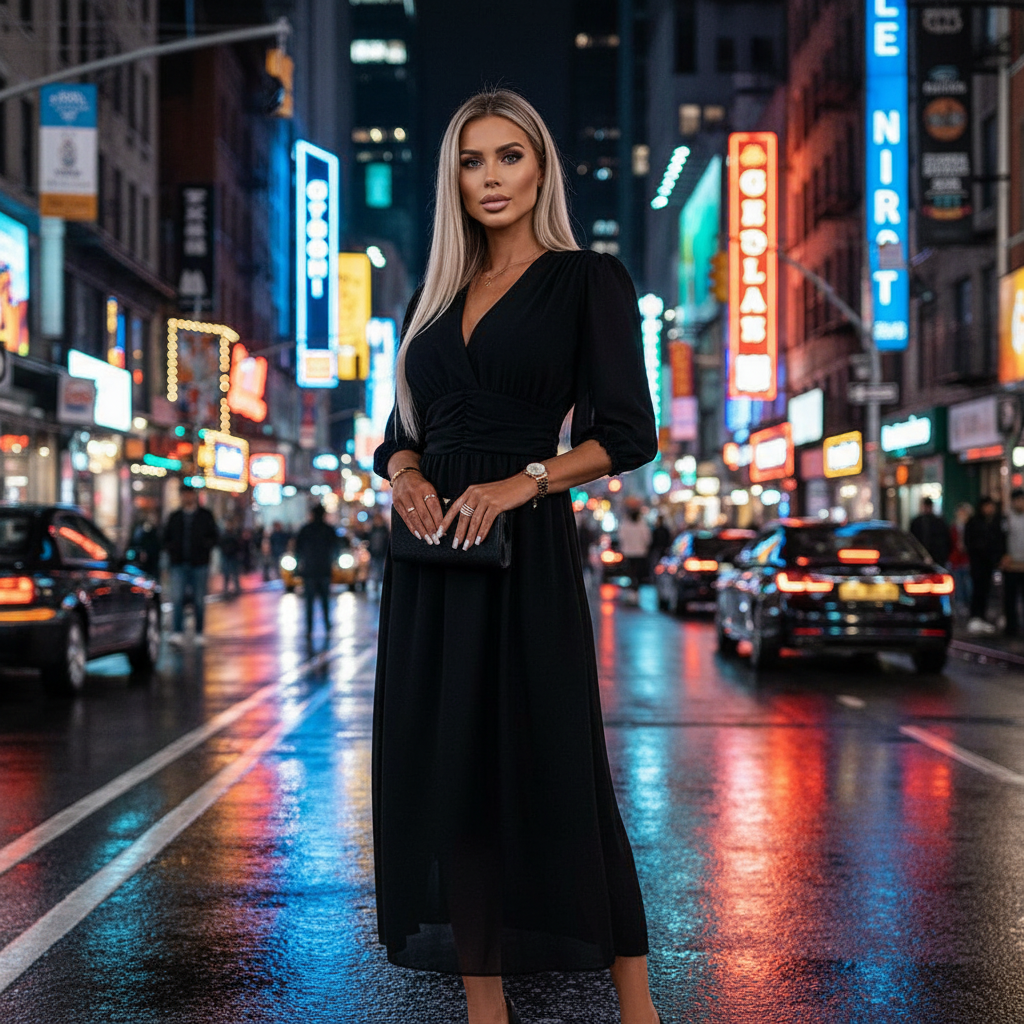 Natalia - Einfarbiges Taillenkleid mit V-Ausschnitt