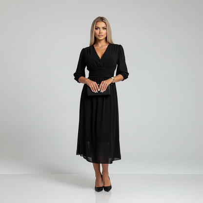 Natalia - Einfarbiges Taillenkleid mit V-Ausschnitt