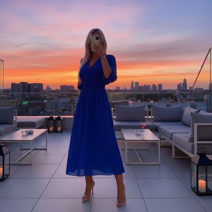 Natalia - Einfarbiges Taillenkleid mit V-Ausschnitt