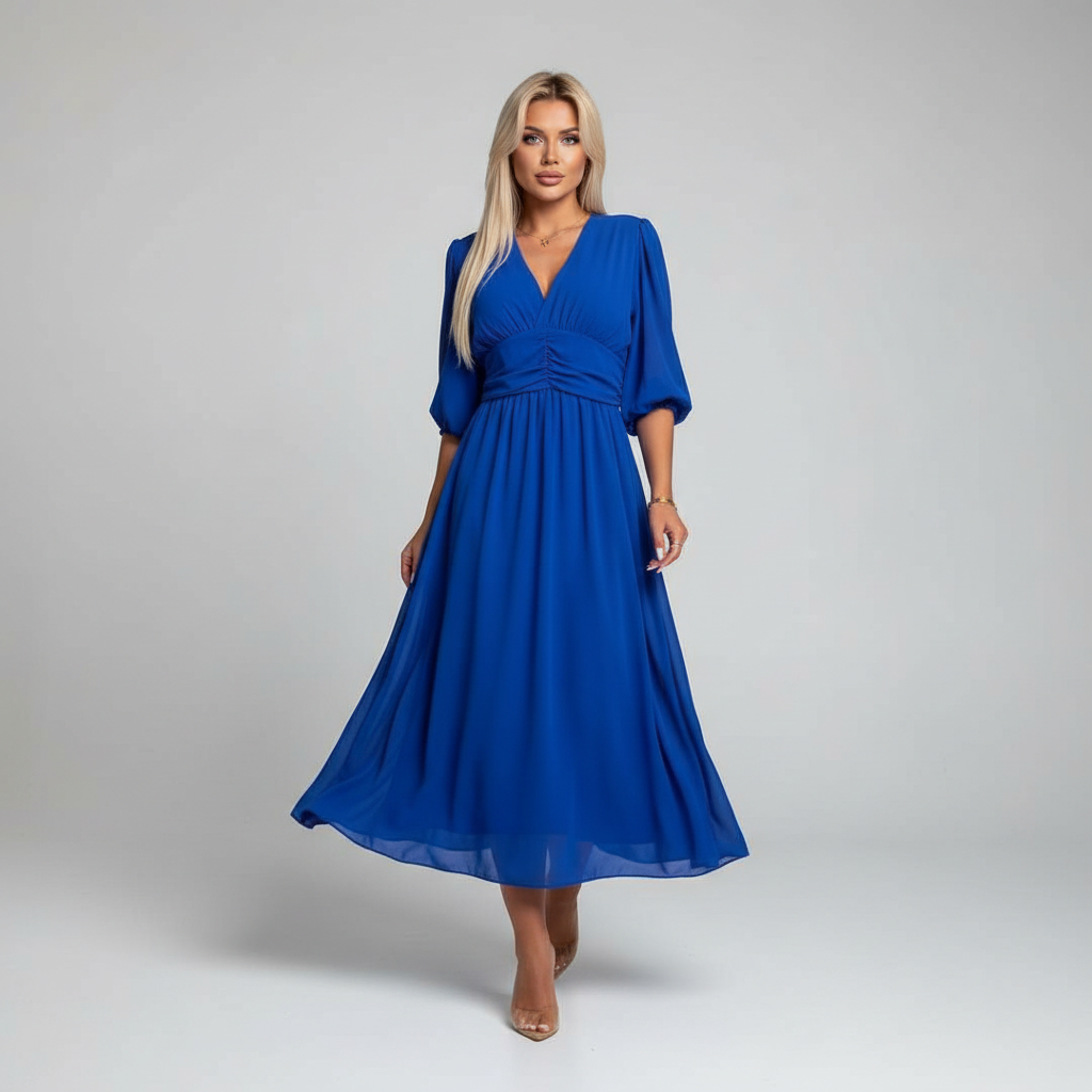 Natalia - Einfarbiges Taillenkleid mit V-Ausschnitt