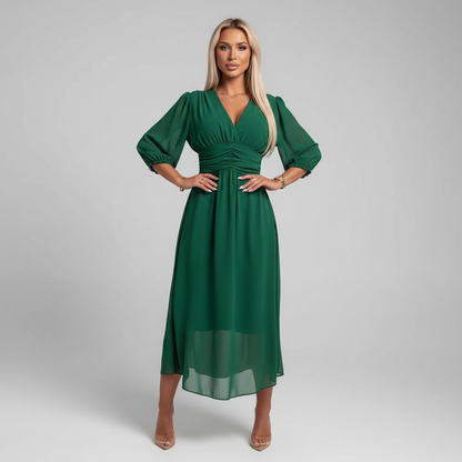 Natalia - Einfarbiges Taillenkleid mit V-Ausschnitt