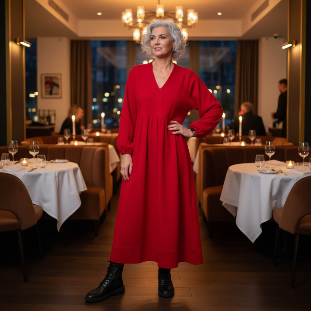 Merilyn - Elegantes Kleid mit V-Ausschnitt und langen Ärmeln